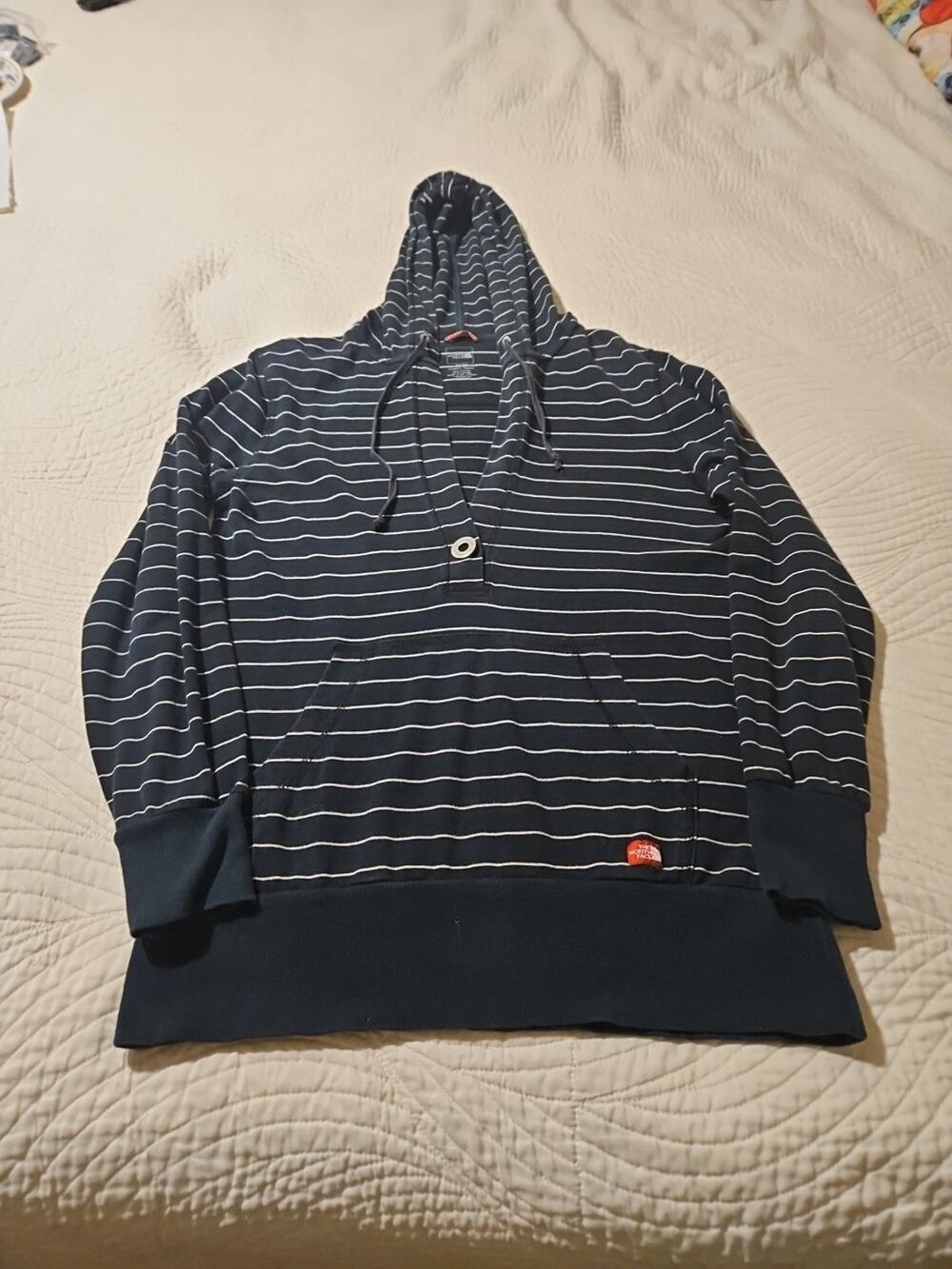 The North Face Hoodie Womens Sz Med Black w/White Stripes Deep VNeck Pullover